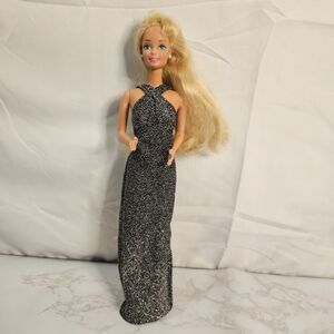 Vintage 1966 Mattel Barbie Doll Blonde Blue Eyes Silver Black Evening Dress